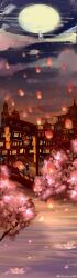  1girl absurdres architecture black_hanfu blue_halo cherry_blossoms chinese_clothes chinese_commentary clouds commentary_request crescent_halo east_asian_architecture falling_petals festival flower from_behind full_body full_moon halo halo_behind_head hanfu highres lantern long_hair lotus moon nikki_(series) outdoors paper_lantern people petals pink_flower qingyue_(shining_nikki) scenery shilililili shining_nikki solo spring_(season) town twilight very_long_hair white_hair wide_shot wind 