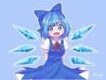  1girl :d arms_behind_back blue_background blue_bow blue_dress blue_eyes blue_hair blush bow breasts bright_pupils cirno cowboy_shot dress happy highres ice ice_wings looking_at_viewer outline pinafore_dress puffy_short_sleeves puffy_sleeves short_hair short_sleeves simple_background sleeveless sleeveless_dress small_breasts smile solo touhou white_outline white_pupils wings zanasta0810 