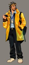  1boy backpack bag beard black_pants blonde_hair blue_shirt casual coat earphones earphones facial_hair full_body glasses grey_background hand_in_pocket helmet highres holding holding_phone lanyard mature_male nakakabaliw pants phone project_hail_mary raincoat ryland_grace shirt shoes simple_background white_shoes yellow_coat 