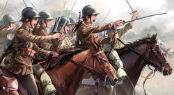  cavalry chinese_commentary commentary from_side gun helmet highres holding holding_sword holding_weapon horse military_uniform multiple_girls neko_(yanshoujie) original poland rifle saber_(weapon) signature soldier sword war weapon world_war_ii 