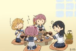  4girls ahoge akebono_(kancolle) bandaid bandaid_on_face bell black_hair black_socks blue_skirt bowl chopsticks cushion eating flower hair_bell hair_bobbles hair_flower hair_ornament holding holding_bowl holding_chopsticks jingle_bell kantai_collection kettle kneehighs light_brown_hair long_hair miso_soup multiple_girls oboro_(kancolle) pink_flower pink_hair pleated_skirt purple_hair rice saiguchi_otoufu sazanami_(kancolle) school_uniform seiza serafuku short_hair short_sleeves side_ponytail sitting skirt socks twintails ushio_(kancolle) zabuton 