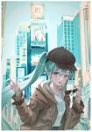  1girl absurdres alternate_costume aqua_eyes aqua_hair brown_headwear brown_jacket cabbie_hat city commentary eyewear_removed hair_between_eyes hat hatsune_miku highres holding holding_eyewear jacket leaning_forward long_hair long_sleeves looking_at_viewer n_77z open_clothes open_jacket open_mouth smile solo sunglasses twintails v very_long_hair vocaloid 