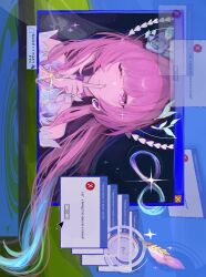  1girl ;) amphoreus_(honkai:_star_rail) commentary cursor cyrene_(demiurge)_(honkai:_star_rail) cyrene_(honkai:_star_rail) diamond-shaped_pupils diamond_(shape) dress error_message finger_to_mouth halo highres honkai:_star_rail honkai_(series) kare_u_don long_hair microsoft_windows mobius_strip one_eye_closed pink_hair quill shushing smile solo symbol-shaped_pupils very_long_hair violet_eyes white_dress 