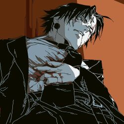  1boy black_eyes black_hair black_necktie black_suit bleeding blood blood_on_clothes blood_on_face chrollo_lucilfer commentary_request cross_tattoo d_karaage earrings facial_mark facial_tattoo forehead_mark forehead_tattoo hunter_x_hunter injury jewelry long_sleeves male_focus necktie shirt short_hair solo suit tattoo upper_body white_shirt 