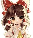  1girl ascot bare_shoulders blunt_bangs bow brown_eyes brown_hair detached_sleeves frilled_bow frilled_hair_tubes frilled_shirt_collar frills glint hair_bow hair_tubes hakurei_reimu hand_up highres long_hair sidelighting simple_background smile solo springarashi02 touhou translucent white_background yellow_ascot 