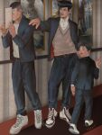  3boys artist_name belt blue_pants commentary_request danart14020 diamond_wa_kudakenai formal full_body height_difference higashikata_josuke highres hirose_koichi holding indoors jacket jojo_no_kimyou_na_bouken long_sleeves looking_at_another male_focus multiple_boys nijimura_okuyasu open_mouth pants picture_(object) pompadour realistic shirt shoes smile sneakers sweater_vest 