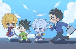  4boys androgynous bag black_hair black_necktie blonde_hair blue_eyes blue_suit blue_tabard boots briefcase brown_eyes chibi clouds cloudy_sky commentary_request fishing_rod formal_clothes gon_freecss green_boots green_jacket green_shorts highres holding holding_briefcase holding_fishing_rod hunter_x_hunter jacket killua_zoldyck korean_commentary kurapika layered_sleeves leorio_paladiknight long_sleeves male_focus multiple_boys myangmyak4 necktie round_eyewear shirt short_hair short_over_long_sleeves short_sleeves shorts shoulder_bag skateboard sky spiky_hair suit sunglasses tabard white_hair white_shirt 
