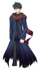  1boy ahoge black_hair black_pants black_shirt blood blood_on_clothes blue_coat blue_eyes brown_scarf buttons clenched_hand coat commentary_request expressionless highres male_focus matsuki_akira mystic_eyes_of_death_perception official_alternate_costume open_clothes open_coat pants satsujinki scarf serious shirt short_hair standing tohno_shiki torn_clothes torn_coat tsukihime 