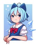  1girl ahoge blue_bow blue_dress blue_eyes blue_hair bow bowtie cirno dress fairy_wings hair_bow highres ice ice_wings looking_at_viewer puffy_sleeves red_bow red_bowtie solo touhou umenodo wings 
