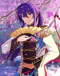  1boy alumi_0516 arch_bridge belt blurry blurry_foreground branch bridge buttons cherry_blossoms closed_mouth dappled_sunlight day double-breasted double-parted_bangs ensemble_stars! epaulettes falling_petals floral_print_jacket garden gold_trim hair_between_eyes hair_intakes hair_ribbon hand_fan hand_up high_collar highres hill holding holding_fan jacket kanzaki_souma lens_flare long_hair long_sleeves looking_at_viewer male_focus multicolored_jacket official_alternate_costume outdoors paper_fan petals pink_petals ponytail purple_hair red_belt red_ribbon ribbon shade sidelighting sidelocks single_epaulette smile solo sparkle sunlight upper_body v-shaped_eyebrows violet_eyes water white_jacket 