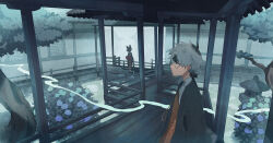  1boy 1girl age_difference animal_ears architecture black_hair commentary_request east_asian_architecture expressionless flower glasses grey_hair hydrangea original profile rain short_hair urabe_(mstchan) walkway 