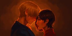  1boy 1girl ada_wong backlighting black_hair blonde_hair blue_shirt chest_holster forehead-to-forehead freyj_art heads_together hetero highres leon_s._kennedy looking_at_another orange_theme parted_lips red_lips red_shirt resident_evil resident_evil_2 shirt short_hair 