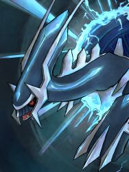  10ma10dantali0n black_sclera blue_background claws colored_sclera commentary_request dialga fang no_humans open_mouth pokemon pokemon_(creature) red_eyes solo 