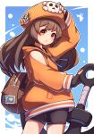  1girl adjusting_clothes adjusting_headwear anchor bike_shorts black_gloves brown_hair cabbie_hat fingerless_gloves gloves guilty_gear guilty_gear_strive hat hat_ornament highres holding holding_anchor hood hoodie long_hair long_sleeves looking_at_viewer may_(guilty_gear) orange_headwear orange_hoodie orange_shirt shirt skull_and_crossbones skull_hat_ornament solo umenodo yellow_eyes 