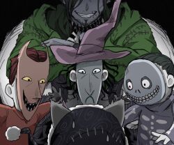  1girl 3boys barrel_(nbc) black_background black_hair child coat colored_skin commentary_request eyes_out_of_frame green_coat grey_skin grim_(twisted_wonderland) grin hat head_out_of_frame highres lock_(nbc) male_focus mask mitsuro_illust multiple_boys neck_tattoo shock_(nbc) smile swing_(twisted_wonderland) tattoo the_nightmare_before_christmas twisted_wonderland witch_hat 