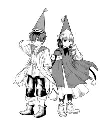  1boy 1girl absurdres closed_mouth commentary english_commentary fern_(sousou_no_frieren) greyscale hair_ribbon hat hat_tassel highres hile_lawrence long_hair monochrome qifrey's_atelier_apprentice_uniform ribbon short_hair simple_background smile sousou_no_frieren stark_(sousou_no_frieren) tassel tongari_boushi_no_atelier white_background 