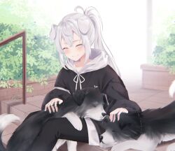  1girl aei_jiei animal_ears black_dog black_hoodie black_pants blush bush closed_eyes collarbone commentary_request commission crossed_bangs dog dog_ears dog_girl double-parted_bangs drawstring facing_viewer feet_out_of_frame floppy_ears hair_between_eyes highres hood hood_down hoodie long_hair long_sleeves original outdoors pants petting pixiv_commission plant ponytail railing sidelocks sitting smile solo stairs tile_floor tiles two-tone_hoodie white_background white_hair white_hoodie 