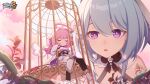  2girls :o annoyed birdcage black_thighhighs blue_hair cage chinese_commentary closed_eyes closed_mouth elf elf_elysia furrowed_brow griseo hair_between_eyes halo highres honkai_(series) honkai_impact_3rd logo looking_at_another medium_hair multiple_girls official_art official_wallpaper pink_hair plant pointy_ears sitting thigh-highs violet_eyes white_thighhighs wings 