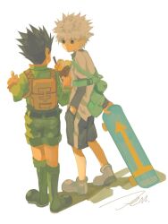  2boys 7enn backpack bag black_hair boots colored_skin from_behind full_body gon_freecss green_bag green_boots green_shirt green_shorts grey_shoes hand_in_pocket hunter_x_hunter killua_zoldyck male_focus multiple_boys shadow shirt shoes short_hair shorts spiky_hair two-tone_shorts very_short_hair white_background white_hair white_shirt yellow_bag yellow_skin 