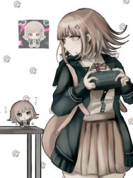  1girl animal_bag backpack bag black_jacket black_shirt breasts brown_hair brown_skirt chibi collared_shirt commentary_request danganronpa_(series) danganronpa_2:_goodbye_despair dress_shirt flipped_hair hair_ornament handheld_game_console highres holding holding_handheld_game_console hood ikemen'na_ore-shi jacket long_sleeves looking_to_the_side medium_hair miniskirt nanami_chiaki neck_ribbon open_clothes open_jacket pink_bag pink_eyes pink_ribbon pleated_skirt ribbon shirt skirt white_shirt 