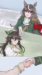  2girls ahoge aiguillette animal_ears ascot asymmetrical_jacket blush breasts brown_hair buttons cape choker closed_mouth double-breasted epaulettes gloves green_jacket green_shirt hair_between_eyes hair_ornament handshake hat highres horse_ears horse_girl jacket kabe_000_k long_hair long_sleeves medal mini_hat mini_top_hat mr._c.b._(clear_bliss)_(umamusume) mr._c.b._(umamusume) multicolored_hair multiple_girls open_mouth red_cape shirt side_cape single_epaulette single_sleeve smile strapless strapless_shirt streaked_hair symboli_rudolf_(emperor's_path)_(umamusume) symboli_rudolf_(umamusume) top_hat umamusume violet_eyes white_ascot white_gloves white_hair white_jacket yellow_choker 