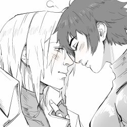  1boy 1girl artist_name black_gloves black_hair blush closed_eyes commentary dante_(devil_may_cry) devil_may_cry_(netflix) devil_may_cry_(series) english_commentary fingerless_gloves forehead-to-forehead gloves greyscale heads_together highres jumpoon lady_(devil_may_cry) monochrome signature simple_background white_hair 