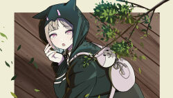  1girl :o absurdres animal_bag bag brown_hair cat_bag collared_shirt commentary danganronpa_(series) danganronpa_2:_goodbye_despair flipped_hair hair_ornament hand_up highres hood jacket long_sleeves looking_at_viewer mcmstz medium_hair nanami_chiaki neck_ribbon pink_bag pink_eyes pink_ribbon ribbon shirt solo white_shirt wooden_floor 