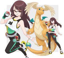  1girl absurdres bare_shoulders becca_(pokemon) belt black-framed_eyewear black_leggings breasts brown_eyes brown_hair cherish_ball claws closed_mouth collarbone colored_skin dragon dragonite feathered_wings fingerless_gloves full_body glasses gloves head_wings highres holding holding_poke_ball holster horns leggings long_hair looking_at_viewer luxury_ball mega_dragonite mega_pokemon moon_ball open_mouth orange_skin poke_ball poke_ball_(basic) pokemon pokemon_(creature) pokemon_champions semi-rimless_eyewear shirt shoes simple_background single_fingerless_glove single_horn sleeveless small_breasts smile strange_ball tail tank_top teeth truejekart ultra_ball waist_poke_ball white_tank_top wings wristband yellow_shirt 