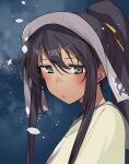  1girl black_hair clouds cloudy_sky grey_eyes hair_ribbon long_hair looking_to_the_side night outdoors ponytail rance_(series) rance_ix ribbon russian_kalette shikosour sky snowflakes snowing solo 