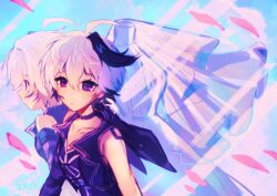  2girls ahoge anmyu arm_warmers arms_at_sides artist_name bare_shoulders black_hair black_jacket black_streaks blue_sky breasts choker clone closed_mouth clouds collarbone colored_inner_hair cropped_jacket cross cross_earrings day double-parted_bangs dual_persona earrings expressionless flower_(vocaloid) flower_(vocaloid4) from_above frown hair_between_eyes highres jacket jewelry looking_ahead looking_at_viewer mannequin multicolored_hair multiple_girls open_clothes open_jacket outdoors petals pink_petals purple_arm_warmers purple_choker purple_shirt shirt short_hair side-by-side single_arm_warmer single_bare_arm sky sleeveless sleeveless_jacket sleeveless_shirt small_breasts streaked_hair striped_arm_warmers two-tone_hair upper_body v-neck veil violet_eyes vocaloid white_hair white_trim white_veil 