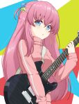  1girl ada_badguy blue_eyes bocchi_the_rock! breasts cube_hair_ornament gotou_hitori guitar hair_between_eyes hair_ornament highres holding holding_instrument instrument jacket large_breasts long_hair looking_at_viewer one_side_up pink_hair pink_jacket solo track_jacket upper_body 