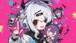  1girl bandaid bandaid_hair_ornament black_nails black_sweater cable character_doll commentary_request doll figure grey_hair hair_ornament hairclip halo headphones highres horns jacket l_hand long_sleeves looking_at_viewer nail_polish official_art open_clothes open_jacket open_mouth q-chan_(yunyun_denpa_syndrome) second-party_source sharp_teeth simple_background sweater teeth tira_27 turtleneck turtleneck_sweater upper_body white_jacket yunyun_(yunyun_denpa_syndrome) yunyun_denpa_syndrome 