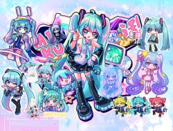  6+girls absurdres akita_neru alternate_costume aqua_eyes aqua_hair bad_link cd character_doll chibi computer cow doll hatsune_miku highres kasane_teto monitor multiple_girls tinyu_0726 triple_baka_(group) utau vocaloid window_(computing) 
