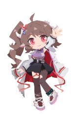  1girl absurdres ahoge animal_ears arknights black_skirt blush_stickers brown_hair chibi chibi_only chinese_commentary commentary_request curled_horns eyjafjalla_(arknights) eyjafjalla_the_hvit_aska_(arknights) full_body hand_up highres horns jacket long_hair long_sleeves looking_at_viewer no_lineart open_clothes open_jacket pantyhose pouch purple_shirt red_eyes sheep_ears sheep_girl sheep_horns shirt side_ponytail single_leg_pantyhose single_thighhigh skirt smile solo standing strandingmai thigh-highs torn_clothes torn_pantyhose transparent_background waving white_jacket 