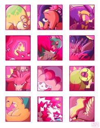  2others black_eyes border camerupt charmeleon claws closed_mouth commentary coop_(microrockets) dragonite english_commentary fangs fire flame-tipped_tail galarian_zigzagoon grookey happy hawlucha highres mudsdale multiple_others numel open_mouth pidgeot pokemon pokemon_(creature) signature sitting slurpuff tail tepig tongue tongue_out toxtricity transparent_border yellow_eyes 