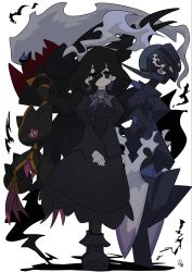  1girl arm_blade armor banette black_dress black_hair black_shoes black_skin blank_eyes blue_sclera breasts bright_pupils ceruledge claws closed_mouth colored_sclera colored_skin commentary_request darkrai dress earrings eye_trail flaming_eyes floating ghost hair_between_eyes helmet hex_maniac_(pokemon) hex_maniac_(pokemon_legends:_z-a) highres ida_(idalol490) jewelry light_trail long_hair long_sleeves looking_at_viewer mega_banette mega_pokemon pokemon pokemon_(creature) puffy_sleeves purple_armor purple_helmet purple_ribbon ribbon shoes simple_background standing violet_eyes weapon white_background white_hair white_pupils zipper zipper_pull_tab 