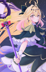  1girl antenna_hair black_bow black_bowtie black_capelet black_dress blonde_hair bow bowtie braid brooch capelet closed_mouth commentary cowboy_shot crown_braid cure_arcana_shadow diamond_hairband dress earrings frilled_capelet frilled_cuffs frilled_dress frills from_side gradient_hair hair_bow hair_intakes heart heart_brooch highres holding holding_staff jewelry layered_dress long_hair looking_at_viewer magical_girl medium_dress meitantei_precure! moria_luluka multicolored_hair nekoyama_nezumi night outdoors precure purple_veil smile solo staff standing tear_arcana_rod veil very_long_hair violet_eyes 