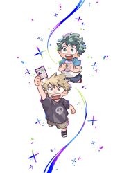  2boys :d absurdres aged_down all_might arm_up artist_name bakugou_katsuki black_shirt black_shoes blonde_hair blue_shorts blue_sleeves boku_no_hero_academia card character_name child commentary_request crew_neck dot_nose eyebrows_hidden_by_hair floating_clothes freckles fukami_(hk3) graph green_eyes green_hair grey_shorts happy highres holding holding_card light_trail looking_at_object looking_up male_focus midoriya_izuku multiple_boys open_mouth radar_chart raglan_sleeves red_eyes red_shoes round_teeth shirt shoes short_hair shorts skull_print smile sparkle spiky_hair t-shirt teeth trading_card tsurime upper_teeth_only v-shaped_eyebrows white_background white_shirt wide-eyed 