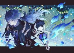  belt blue_fire blue_hair cape collar commentary_request elmar fence fire flins_(genshin_impact) flower genshin_impact graveyard holding holding_lantern lantern necktie pale_skin petals rose tiles yellow_eyes 