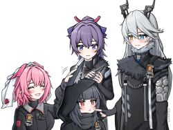  4girls animal_ears black_coat black_dress black_hood black_horns breasts cheek_pinching coat commentary dan_(zenless_zone_zero) dress english_commentary falkenhayn_mercenary_leader_(zenless_zone_zero) fox_ears fox_girl grey_hair highres horns large_breasts long_hair multiple_girls pandegalihhh pinching pink_hair pointy_ears purple_hair simple_background smile sunbringer_(zenless_zone_zero) swordmaster_(zenless_zone_zero) very_long_hair violet_eyes white_background zenless_zone_zero 