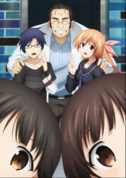  2girls 3boys aged_down belt black_belt black_hair black_pants black_serafuku blue_eyes blue_hair blue_shirt blunt_bangs bow brother_and_sister brown_eyes buttons chaos;child child clenched_teeth collarbone collared_shirt doctor glasses grin hair_bow heads_together kurusu_nono lab_coat lapels long_hair long_sleeves mature_male miyashiro_takuru mouth_out_of_frame multiple_boys multiple_girls nervous notched_lapels official_art open_collar open_mouth pants pink_hair round_eyewear sakuma_wataru school_uniform science_adventure serafuku shiny_eyes shirt short_hair siblings smile tachibana_yui tachibana_yuuto teeth tongue v violet_eyes 