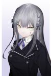 1girl absurdres alternate_costume black_jacket blunt_bangs border bow braid buttons closed_mouth collared_shirt commentary double-breasted girls_frontline gradient_background green_eyes grey_bow grey_hair hair_bow highres hk416_(girls&#039;_frontline) jacket long_hair long_sleeves looking_at_viewer neck_ribbon nero_(nero_nyam) purple_background purple_ribbon ribbon shirt simple_background solo upper_body white_border white_shirt 