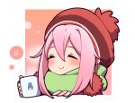  1girl closed_eyes commentary cup dated green_scarf holding holding_cup kagamihara_nadeshiko long_hair mug pink_hair red_headwear scarf shima_rin smile symbol-only_commentary umenodo winter_clothes woollen_cap yurucamp 