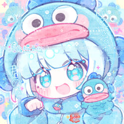  1girl :d bai_gui_hua_zi blue_eyes blue_hair blush bright_pupils check_copyright commission copyright_request cosplay deformed hand_puppet hangyodon hangyodon_(cosplay) highres hood hood_up kigurumi looking_at_viewer mihuashi_commission original paw_pose portrait puppet sanrio sayuri_(sanrio) short_hair smile solo tareme too_many_watermarks watermark zipper_pull_tab 