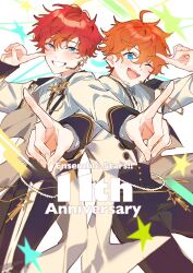  2boys ahoge akehoshi_subaru amagi_hiiro anniversary black_pants blue_eyes commentary copyright_name ensemble_stars! hair_between_eyes hand_up highres ic_(icicic7210) index_fingers_raised jacket long_sleeves male_focus multiple_boys one_eye_closed open_clothes open_jacket open_mouth orange_hair outstretched_arm pants pointing pointing_at_self pointing_at_viewer red_hair short_hair smile white_jacket 