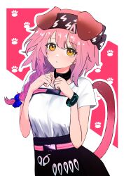  1girl :o absurdres animal_ears arknights black_collar black_hairband blush bow braid collar commentary goldenglow_(arknights) hair_bow hairband hands_up highres infection_monitor_(arknights) long_hair nikaidou_tetsuo nose_blush outline parted_lips pink_hair pink_tail purple_bow shirt short_sleeves solo t-shirt tail tail_raised white_outline white_shirt yellow_eyes 