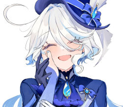  1girl ascot asymmetrical_gloves black_ascot blue_ascot blue_gem blue_hat blue_jacket commentary_request cowlick drop-shaped_pupils eyelash_ornament furina_(genshin_impact) gem genshin_impact gloves hat jacket mismatched_gloves multicolored_hair ouji_fashion shinoo0915 streaked_hair suikyou394 symbol-shaped_pupils top_hat 