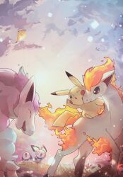  absurdres aqua_hair brown_eyes closed_mouth commentary_request fiery_hair fire galarian_ponyta grass highres horns horse kite multicolored_hair open_mouth pichu pikachu pikatiu pokemon pokemon_(creature) ponyta purple_hair regional_and_normal single_horn smile two-tone_hair unicorn 