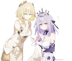 2girls aglaea_(honkai:_star_rail) annoyed blonde_hair blush breasts castorice_(honkai:_star_rail) commentary_request dress elbow_gloves flower gloves greco-roman_clothes green_eyes highres holding holding_needle honkai:_star_rail honkai_(series) leaning_forward looking_down medium_breasts multicolored_eyes multiple_girls needle pink_flower pointy_ears purple_flower purple_gloves purple_hair sewing short_hair simple_background tiara twitter_username two-tone_eyes uwasewau white_background white_dress wrap_dress yellow_eyes 