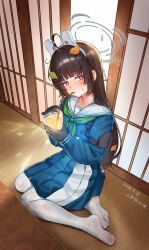  1girl absurdres ahoge animal_ears black_gloves black_hair blue_archive blue_serafuku blue_shirt blue_skirt blunt_bangs blush cup dated drinking_straw fake_animal_ears feet full_body gloves green_neckerchief halo highres holding holding_cup indoors leaf leaf_on_head long_hair long_sleeves looking_at_viewer miyu_(blue_archive) neckerchief no_shoes pantyhose pleated_skirt rabbit_ears red_eyes sailor_collar school_uniform serafuku shangdi_de_fa_zhang shirt sitting skirt sliding_doors solo tatami white_pantyhose white_sailor_collar 